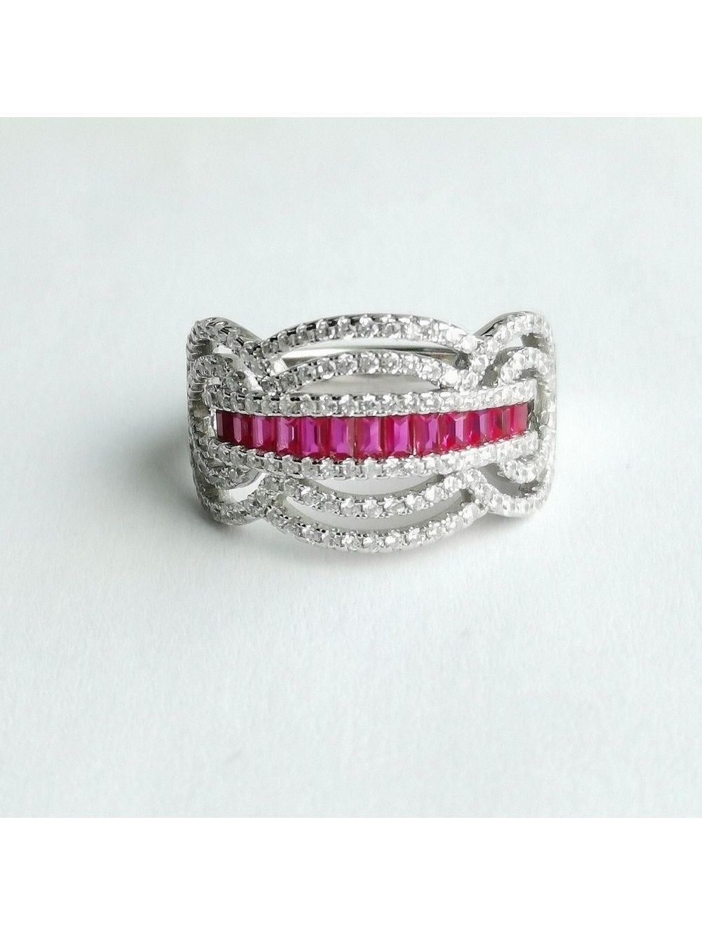Art Deco Cocktail Ring White Sapphire and Ruby in Sterling Silver